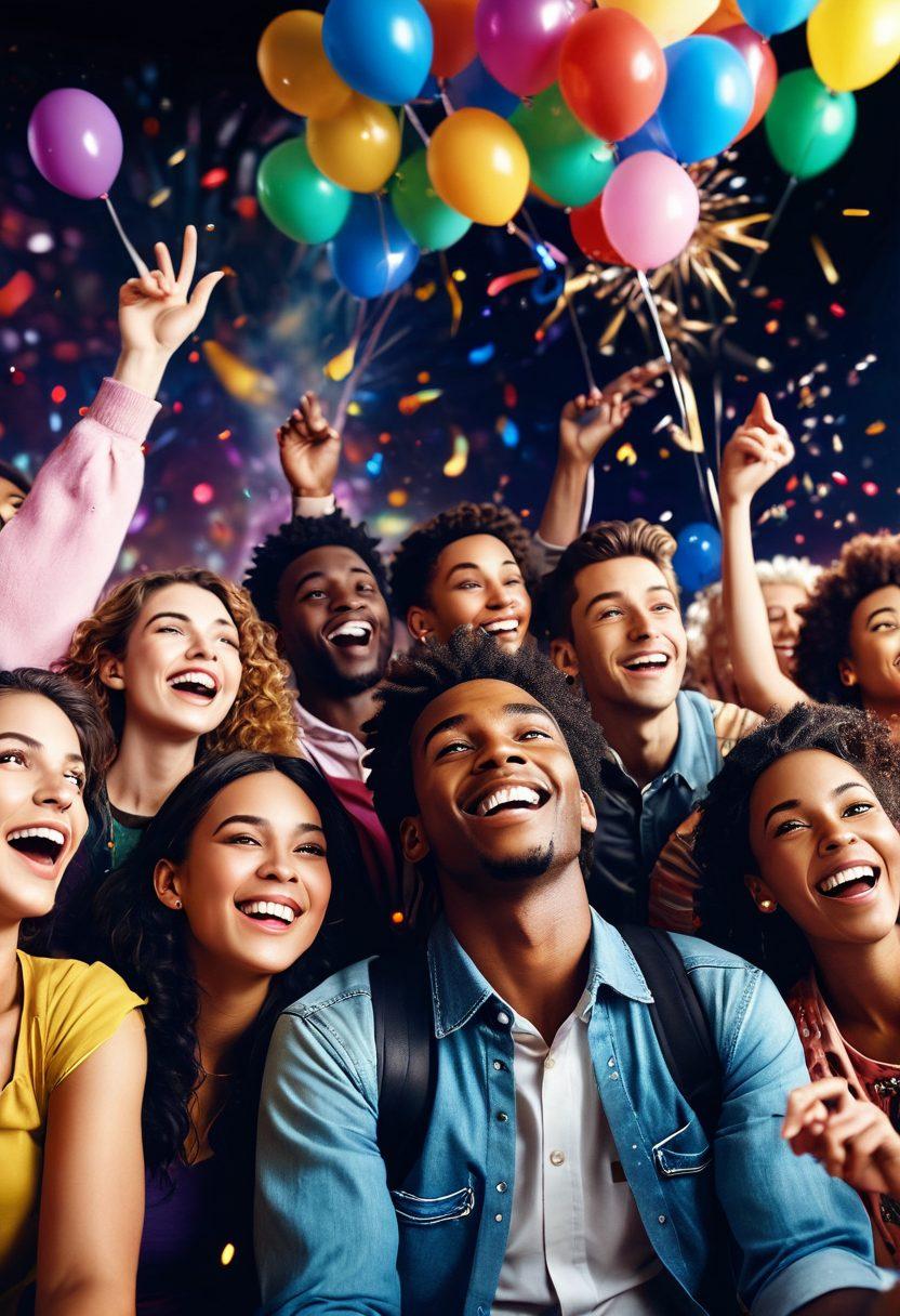 A vibrant cinema scene featuring a diverse group of joyful people watching a film, with colorful balloons and confetti in the air. In the foreground, a film reel transforms into fireworks, symbolizing the journey from script to screen. The audience's expressions reflect pure happiness and exhilaration as they celebrate storytelling. A warm golden light bathes the scene, creating a magical atmosphere. 3D. vibrant colors. cinematic style.