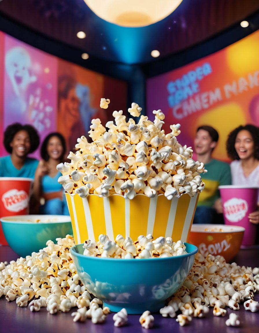 A vibrant movie theater filled with diverse people laughing and enjoying a joyful film, surrounded by colorful posters of uplifting movies. Soft glowing lights illuminate the space, capturing expressions of happiness and connection. In the foreground, a bowl of popcorn spills over, symbolizing the shared experience of cinema. Include soft pastel colors for a warm, inviting feel. super-realistic. vibrant colors.