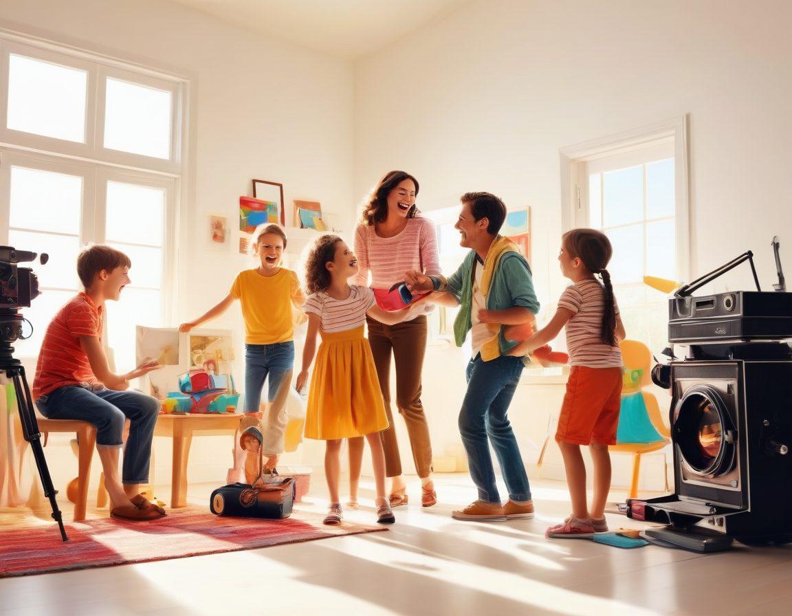 A vibrant film set capturing a joyful family filmmaking scene, with children and adults collaborating, colorful props scattered around, laughter and smiles on their faces, a large film camera framing the moment, bright sunlight illuminating the cheerful atmosphere. vector art. vibrant colors. white background.